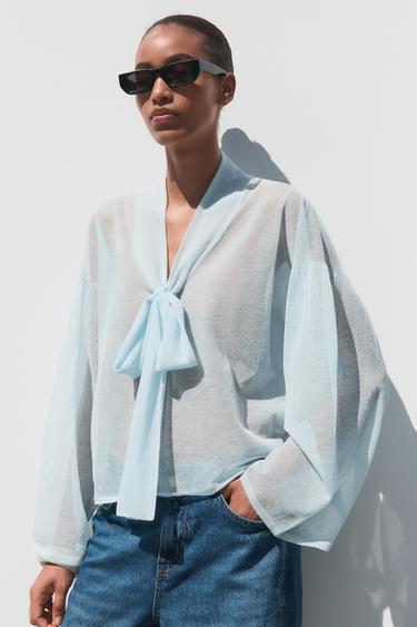 Zara SEMI-SHEER KNIT BLOUSE - Sky blue