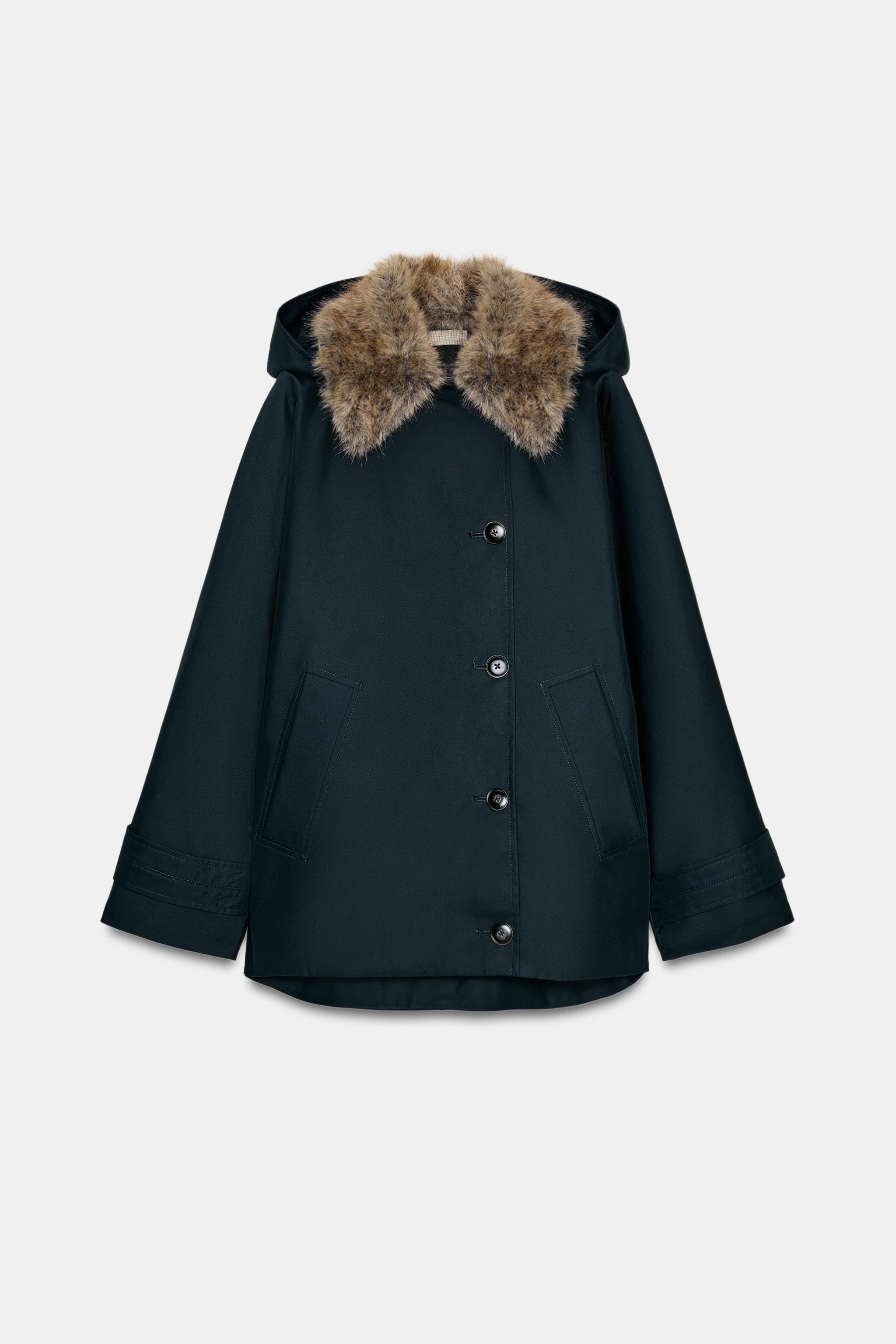 ZW COLLECTION FAUX FUR COLLAR TRENCH COAT - Navy blue | ZARA Turkey