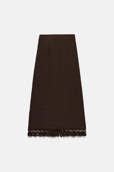 FRINGED PAREO MIDI SKIRT - Brown by Zara - Image 6