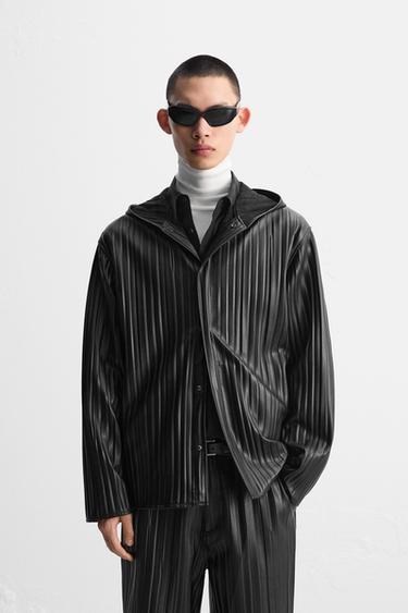 Zara FAUX LEATHER PLEATED OVERSHIRT - Black