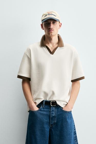 Zara CONTRAST TEXTURED POLO - Oyster-white