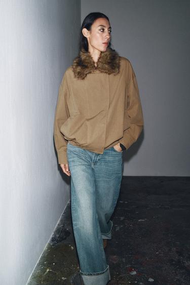 FAUX FUR COLLAR BOMBER JACKET ZW COLLECTION - Dark camel by Zara