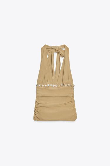 BEADED HALTER TOP - camel by Zara - Image 1