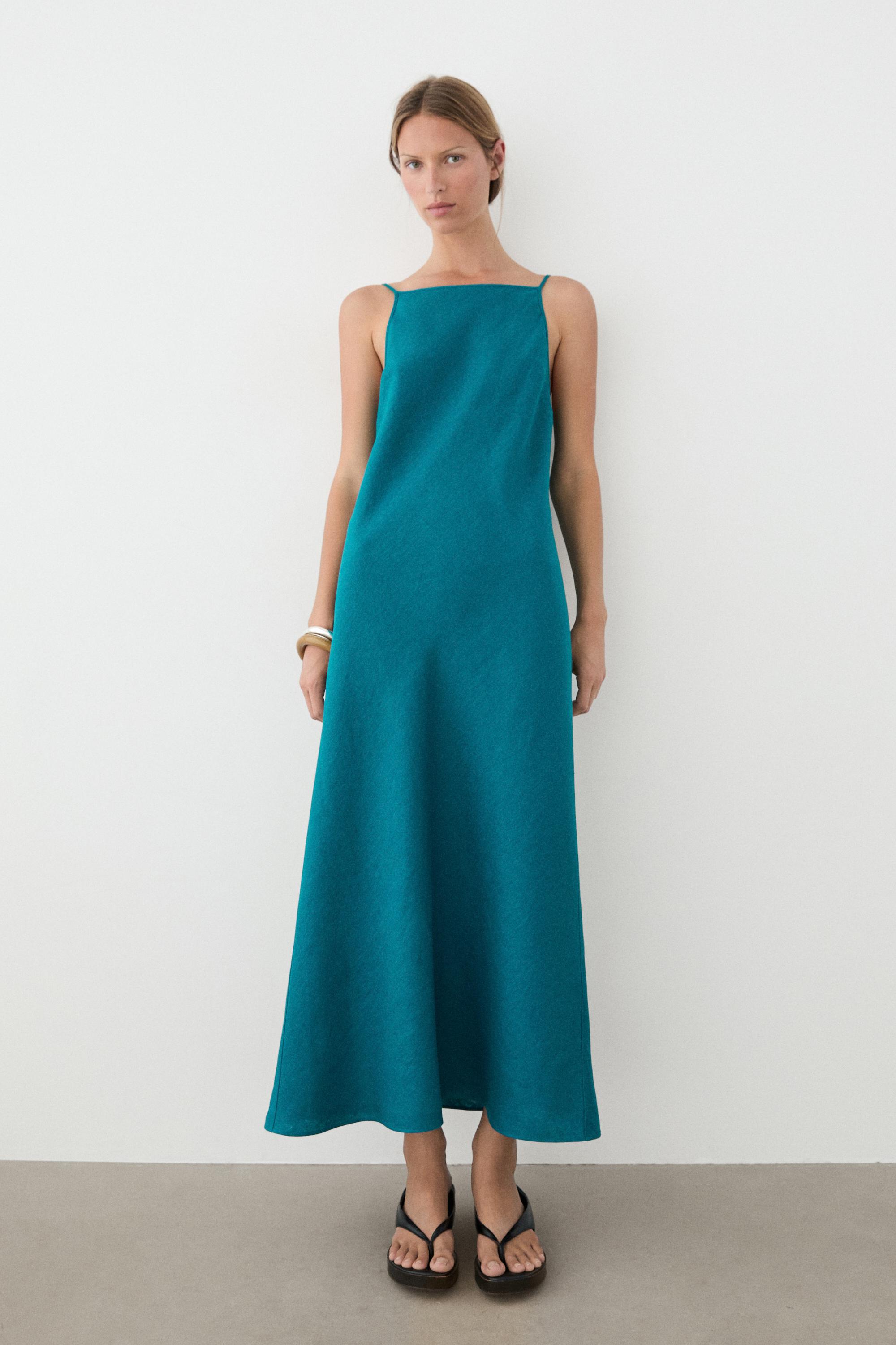100% linen strappy midi dress