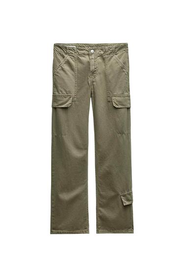 Olive green cargo pants with large side pockets and a button closure, presented on a white background.