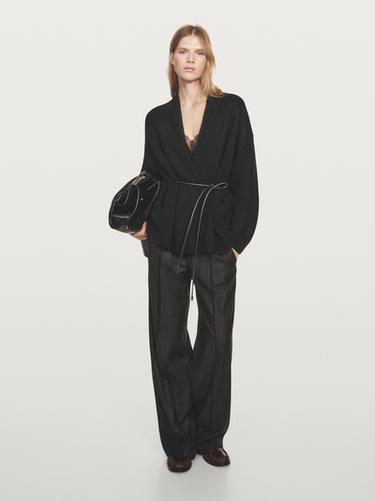 Zara Long knit cardigan with belt - Black - Image 0