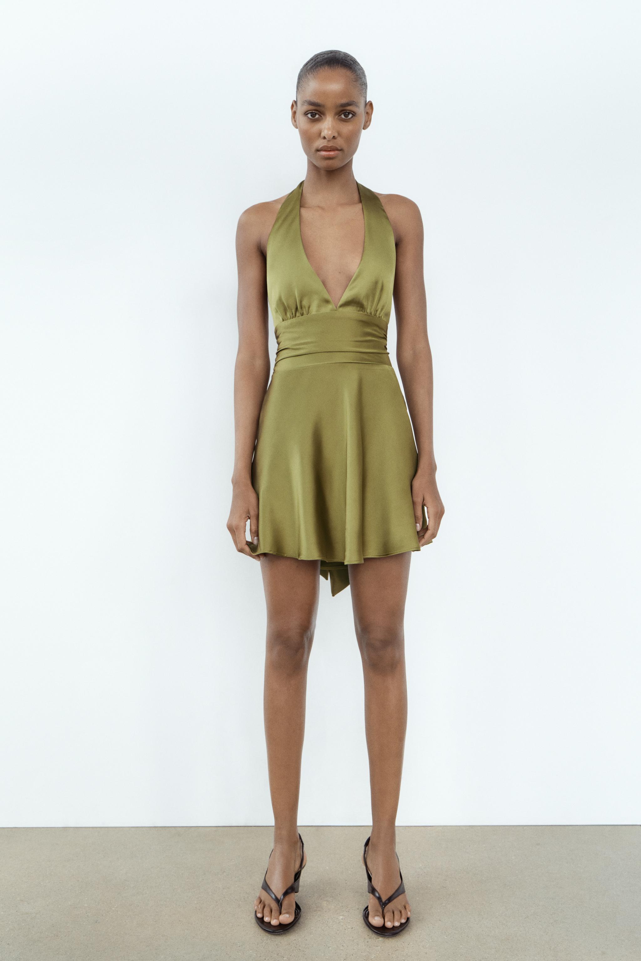 SATIN HALTER DRESS Moss green ZARA New Zealand