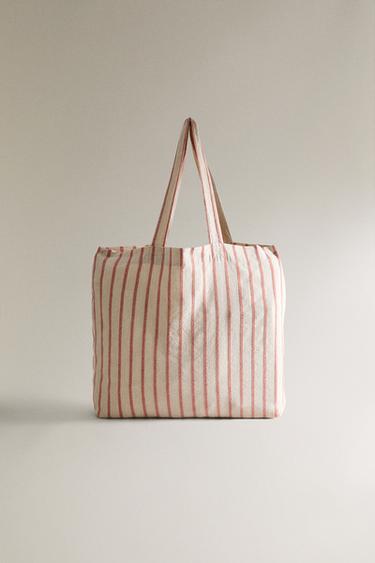 SAC DE PLAGE COTON LIN RAYURES - Corail de Zara - Image 0