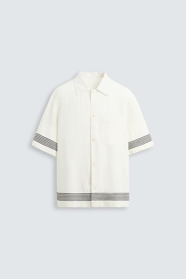 CAMISA 100% LINHO COM FAIXAS - Branco-marfim da Zara
