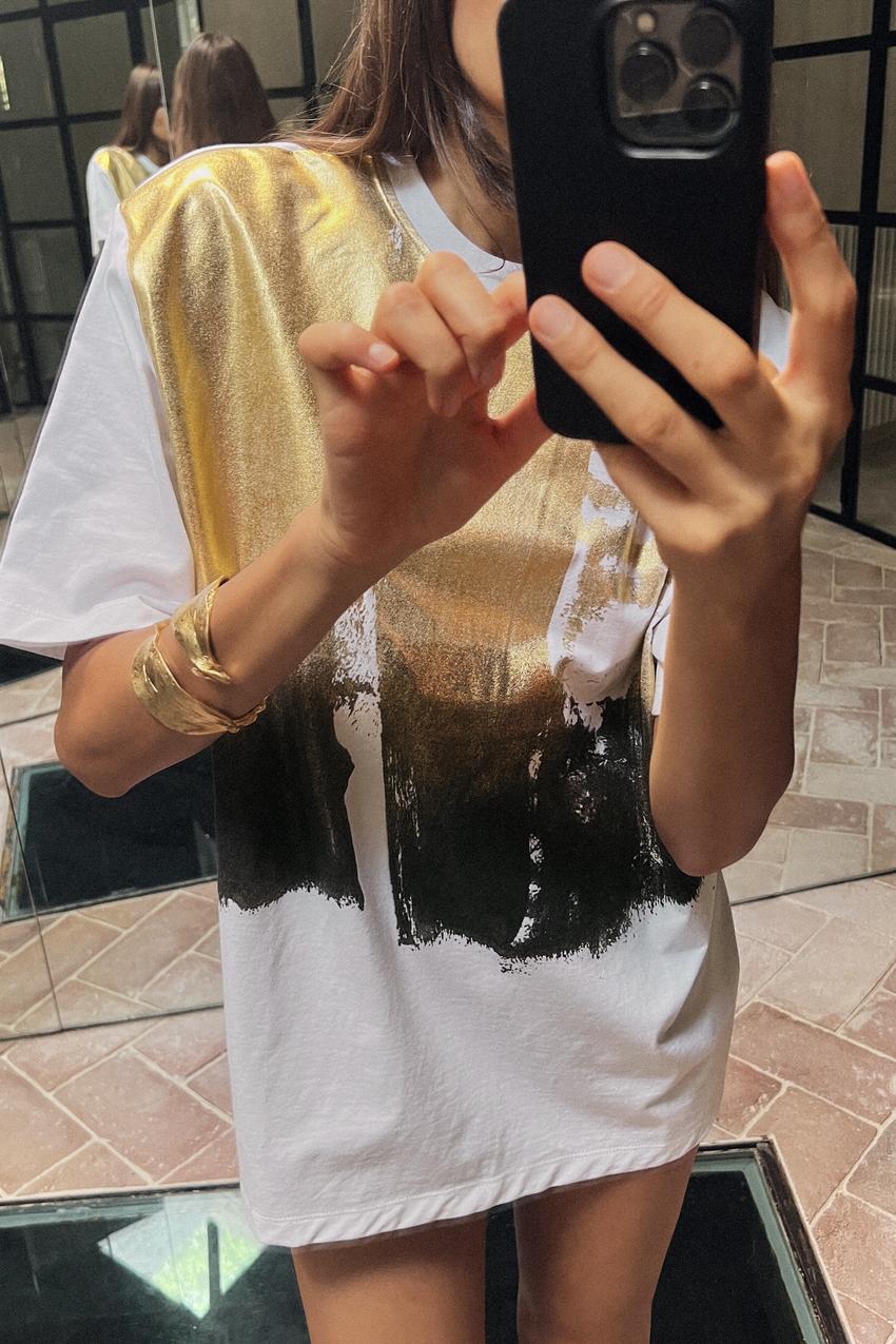 OVERSIZE METALLIC T-SHIRT - Golden | ZARA United Kingdom 