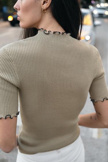 RIB KNIT TOP WITH CONTRAST PIPING - Stone by Zara - Image 4