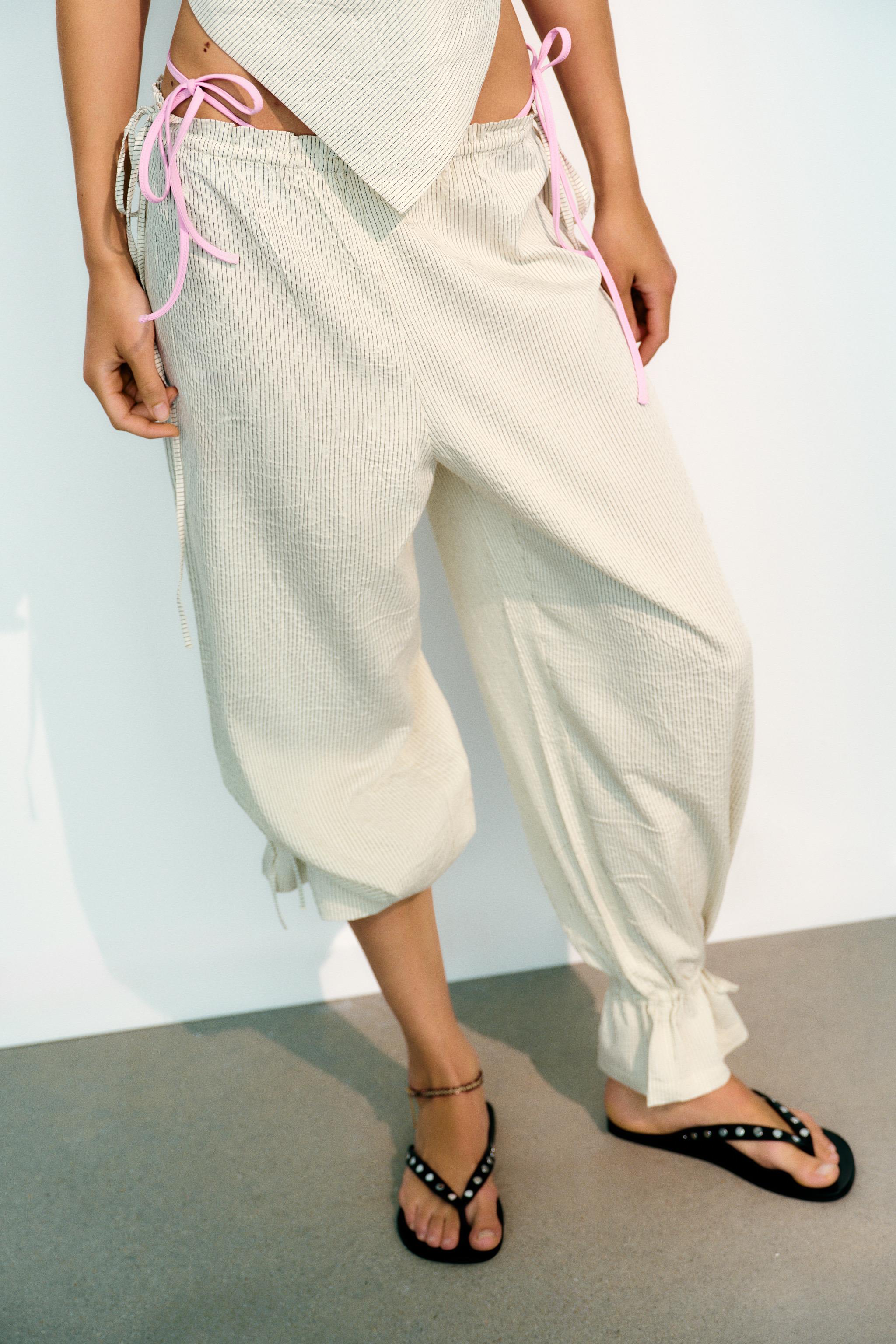 STRIPED TIED BALLOON PANTS - Ecru / Black | ZARA United States