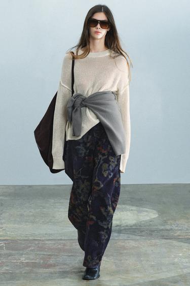 Zara ZW Collection Baggy-Fit Mid-Rise Floral Jeans - Blue