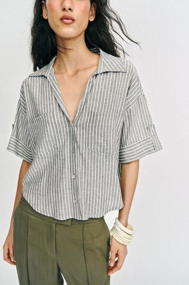 STRIPED LINEN BLEND SHIRT - Khaki by Zara - Image 2