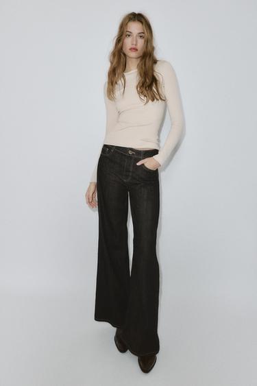 Zara LONG SLEEVE RIBBED T-SHIRT - Sand