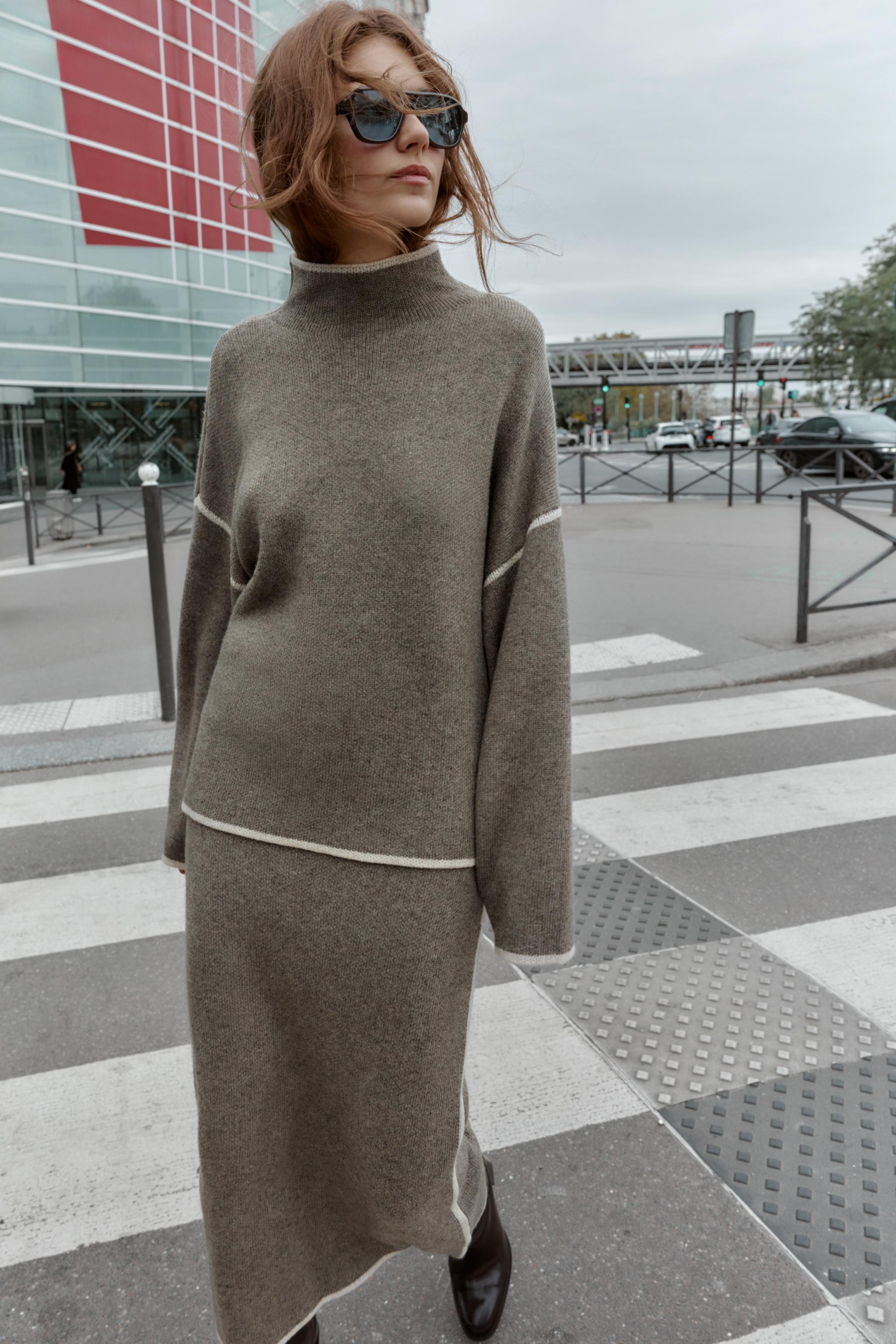 CONTRAST PIPED KNIT MIDI SKIRT