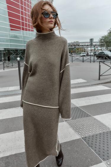CONTRAST PIPING KNIT MIDI SKIRT - Taupe grey by Zara