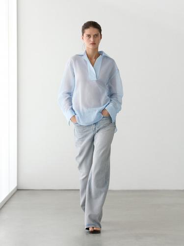 Zara Flowing 100% cotton shirt with collar detail - Sky blue - Image 0