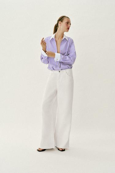 Zara PRUGASTA KOŠULJA OD POPELINA – lila / bela