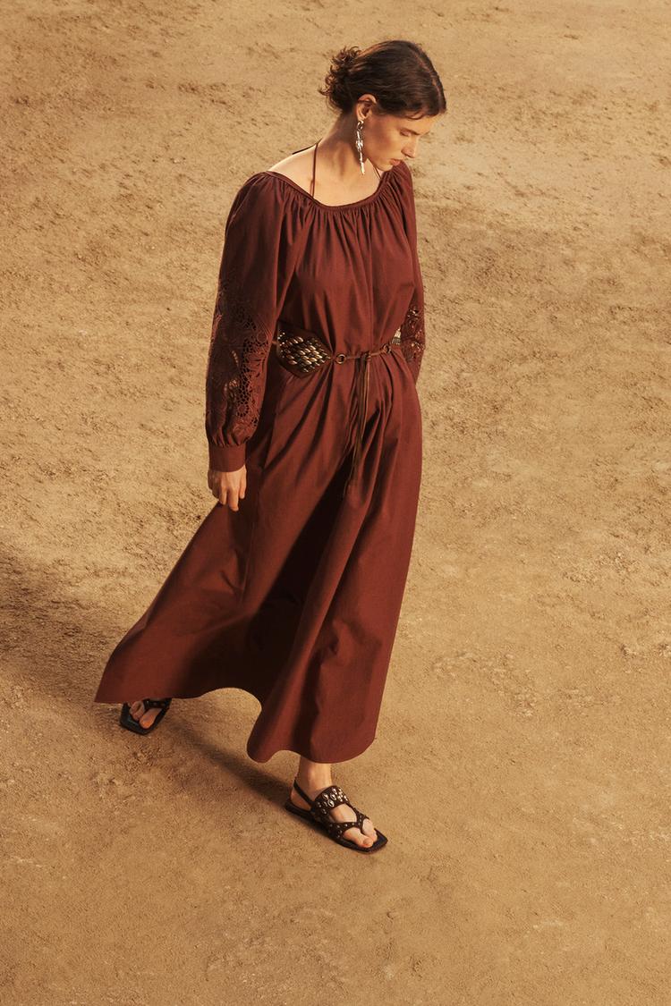 LIMITED EDITION 刺繍入りポプリンワンピース - ボルドー | ZARA Japan  