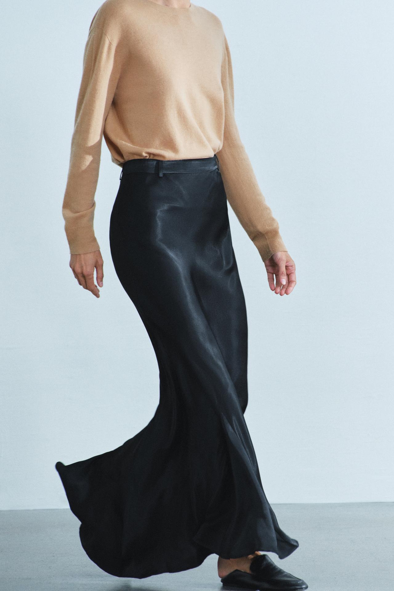 ZW COLLECTION SATIN GODET MAXI SKIRT — Black