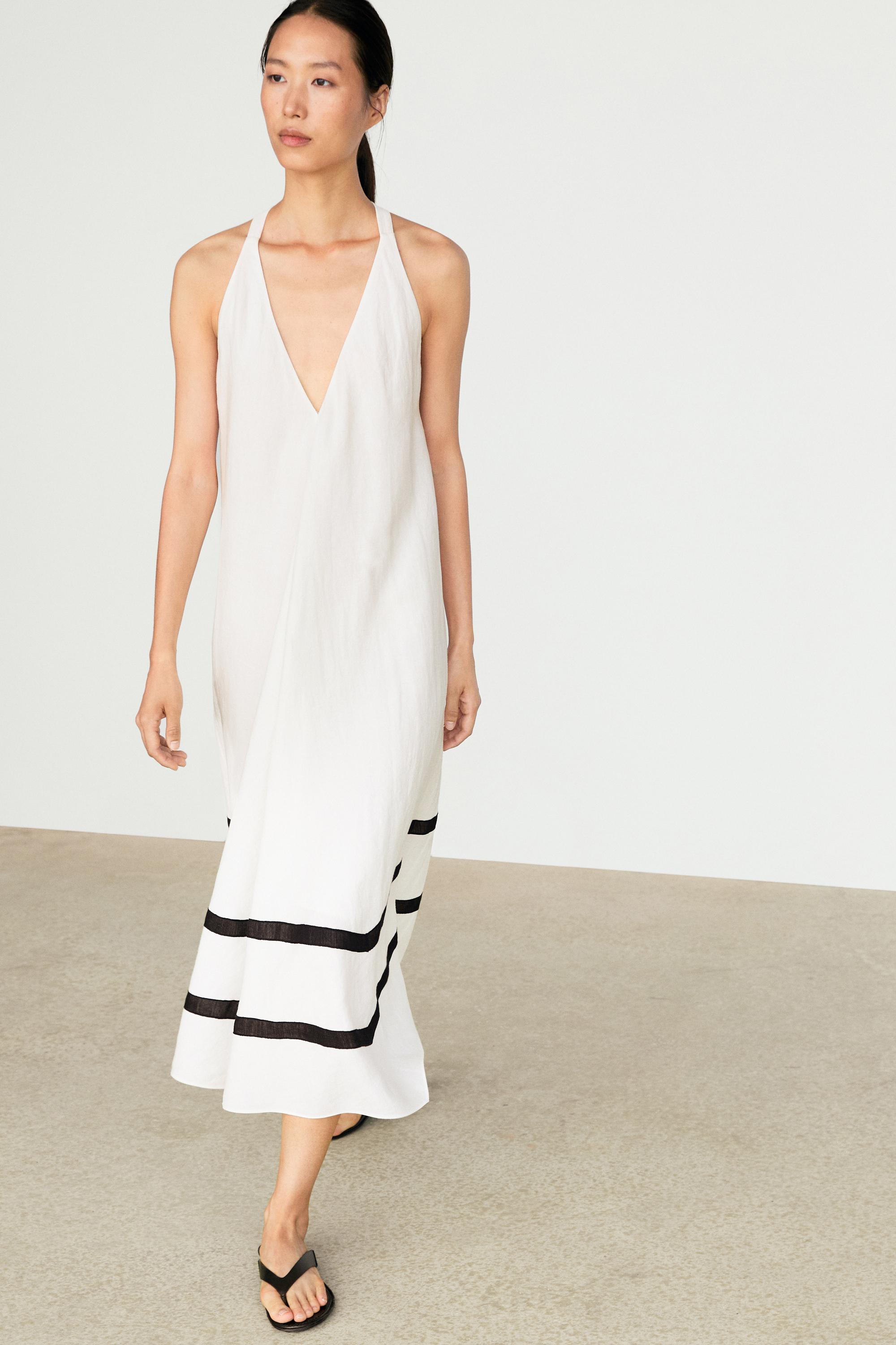 Linen blend midi dress with contrast stripe detail — White