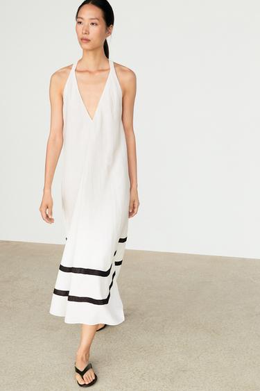 Robe midi en lin mélangé à rayures contrastantes - Blanc de Zara