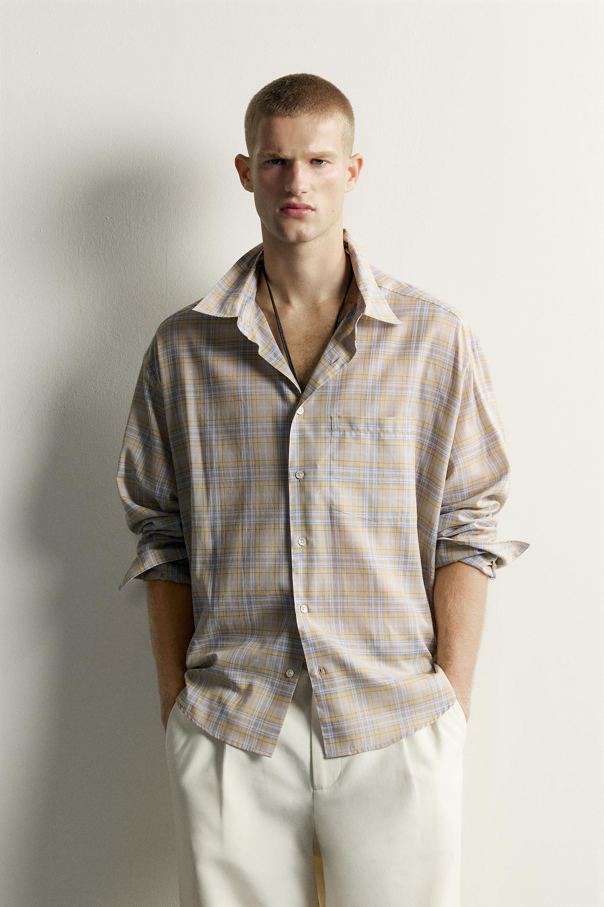 RELAXED FIT PLAID SHIRT — Light sky blue