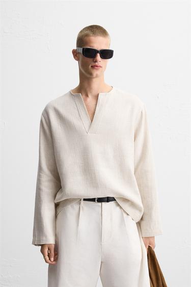 LINEN BLEND TEXTURED POLO SHIRT - Ecru by Zara