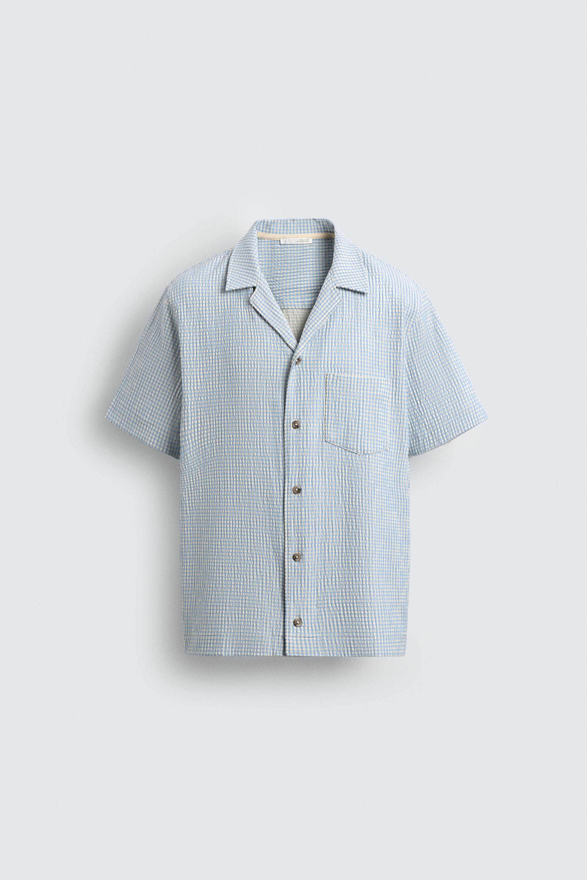 REGULAR FIT SEERSUCKER TEXTURED SHIRT — White / Sky blue