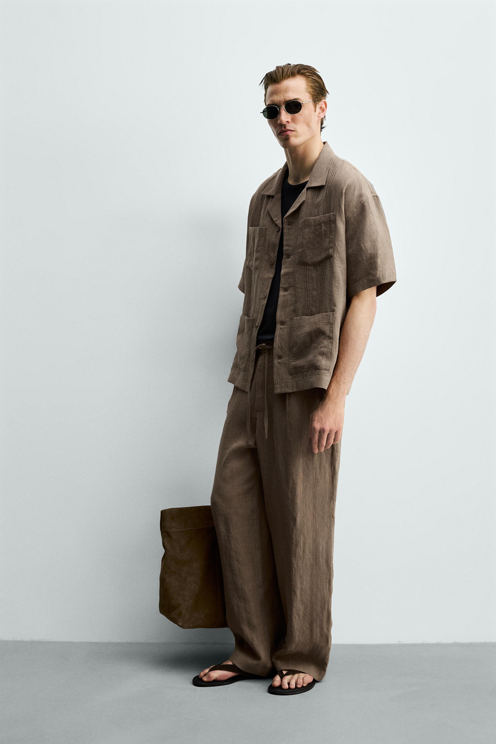 RELAXED FIT 100% LINEN SHIRT WITH PLEATED POCKETS