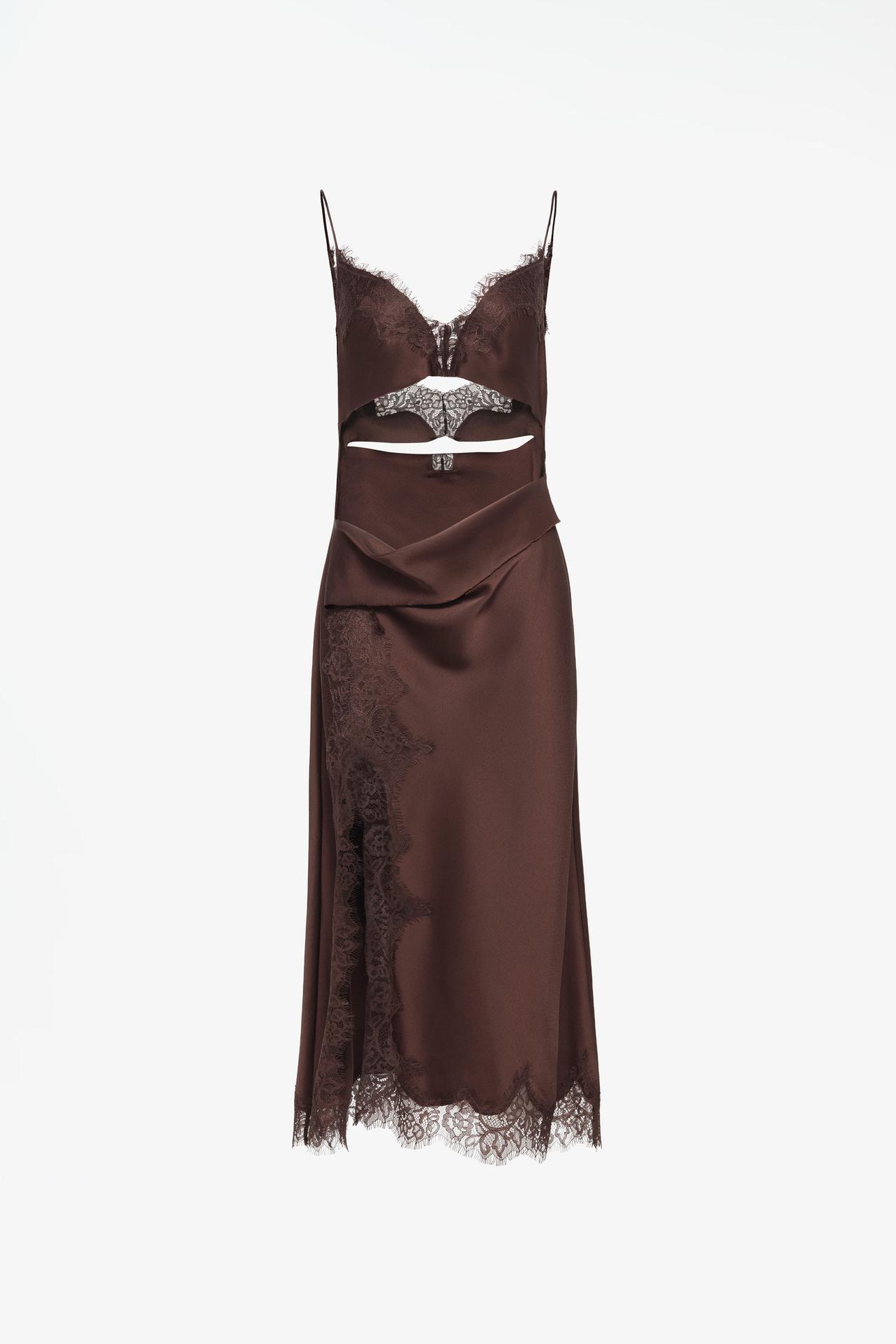LIMITED EDITION SATIN LACE MIDI DRESS WITH CUTOUTS — Brown