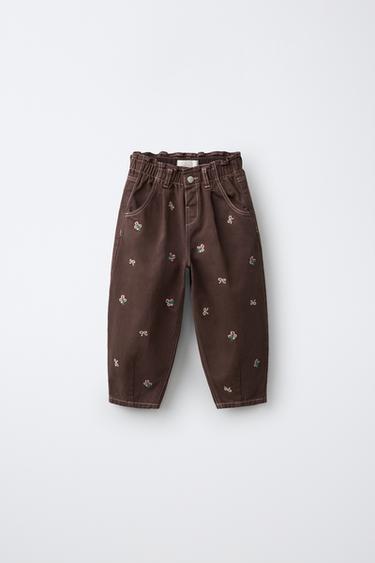 Zara EMBROIDERED BALLOON TWILL PANTS - Brown