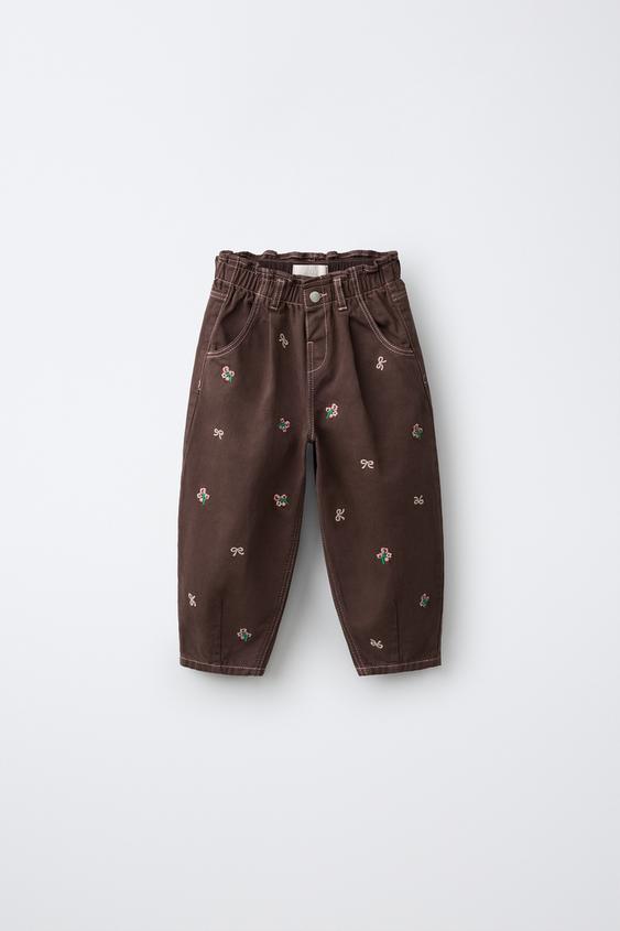 EMBROIDERED TWILL BALLOON TROUSERS - Brown by Zara - Image 0