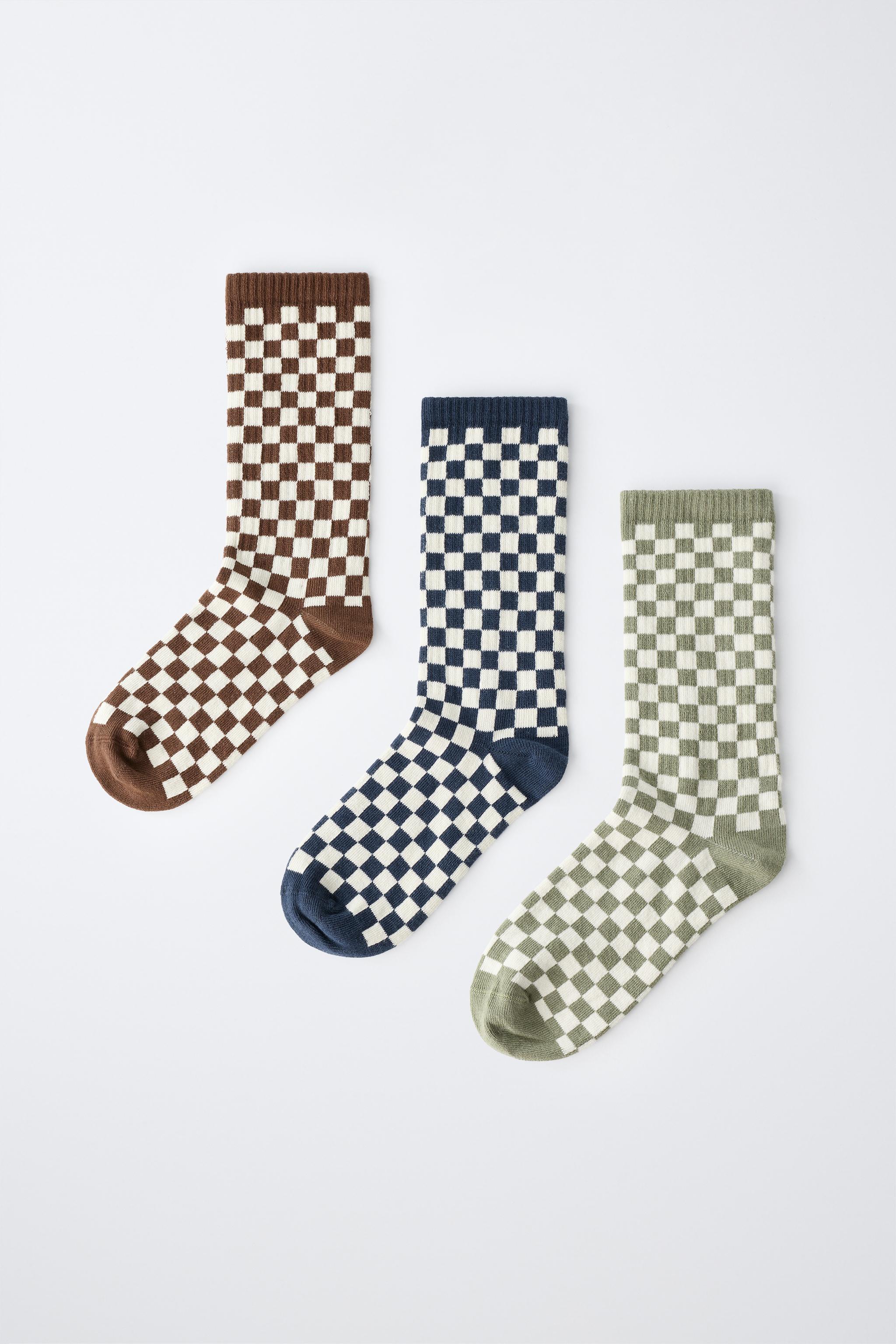 3-PACK CHECKERBOARD MID-CALF SOCKS — Light beige