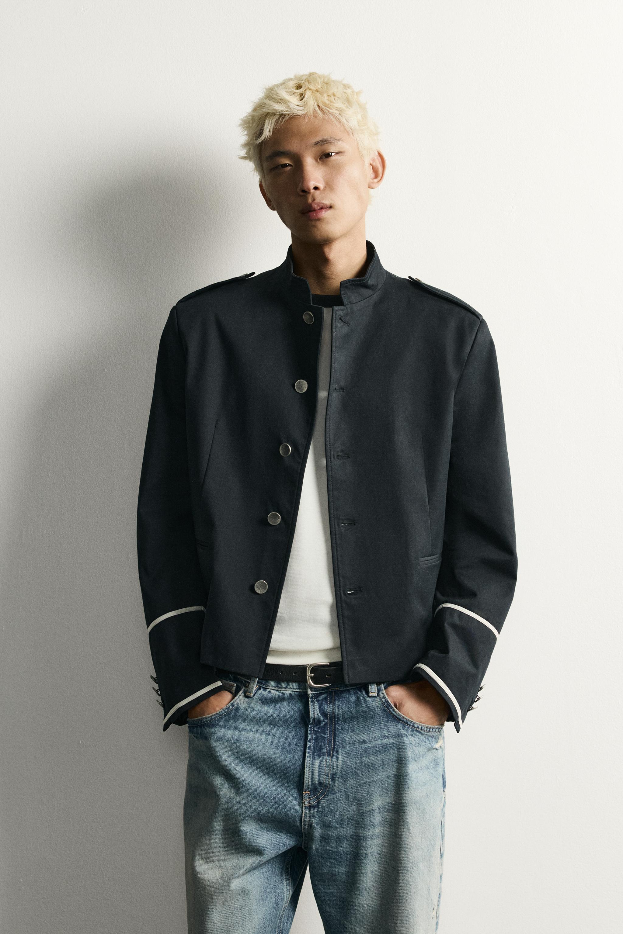 CONTRAST CROPPED FIT JACKET — Blue
