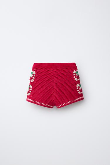 KNIT BERMUDA SHORTS WITH CHERRY CROCHET - Red by Zara - Image 1