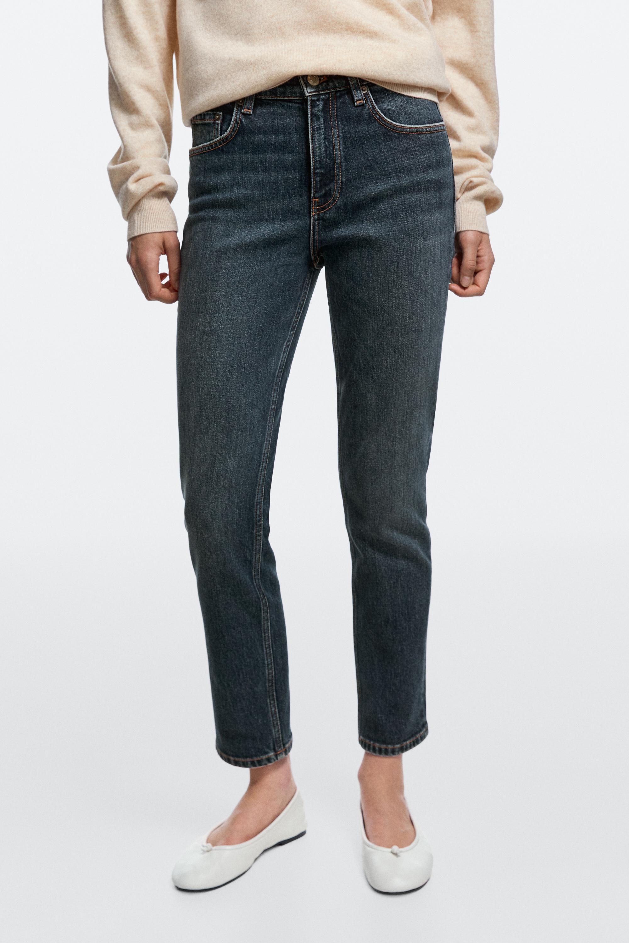 Mid-waist slim fit cropped jeans — Mid-blue