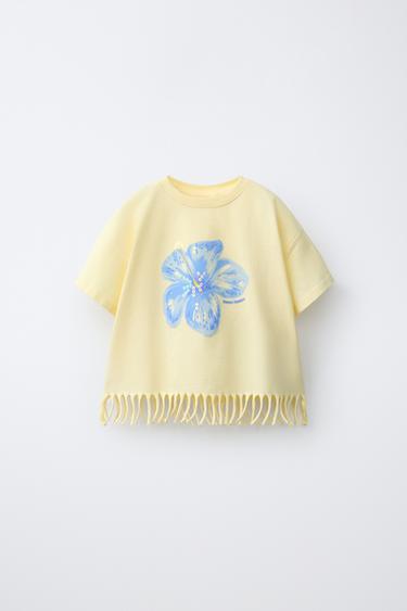 SEQUINNED FLOWER FRINGED T-SHIRT - Light yellow by Zara