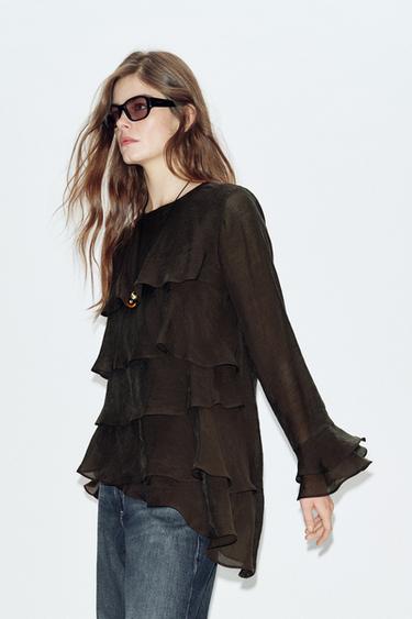 Zara ASYMMETRIC RUFFLED TOP - Brown
