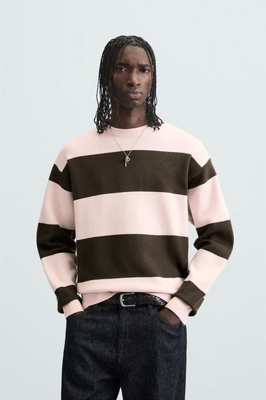 Zara SOFT TEXTURED KNIT SWEATER - Brown Stripes