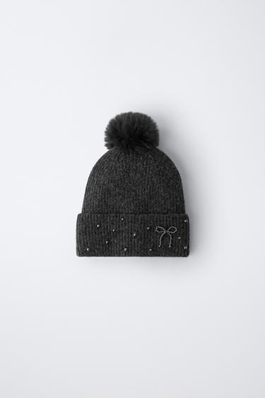 GORRO PUNTO BRILLOS POMPÓN CON LANA - Gris vigoré de Zara