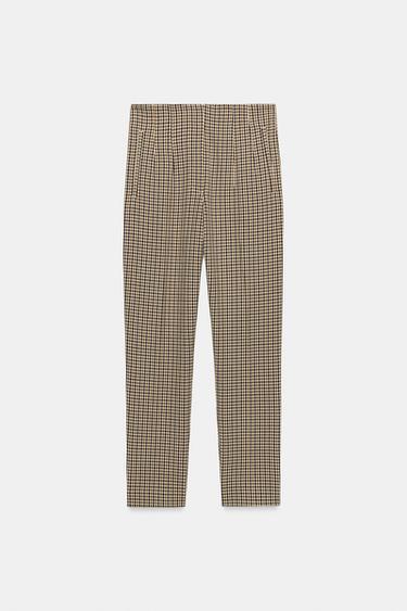 PANTALÓN TIRO ALTO CUADROS - Khaki de Zara