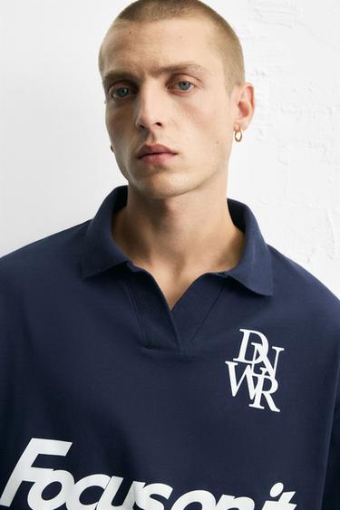 Zara TEXT PRINT POLO SHIRT - Navy blue