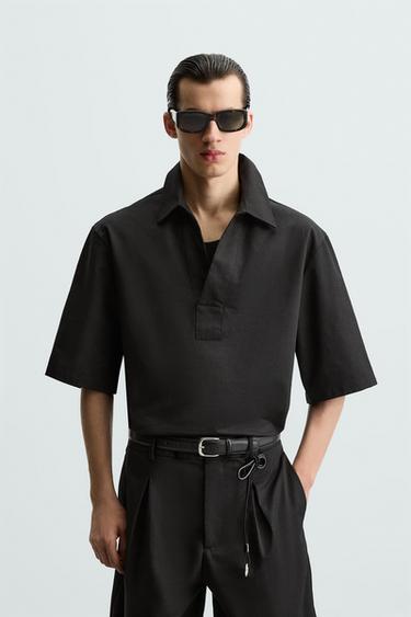CAMISA POLO ALGODÓN - LINO - Negro de Zara