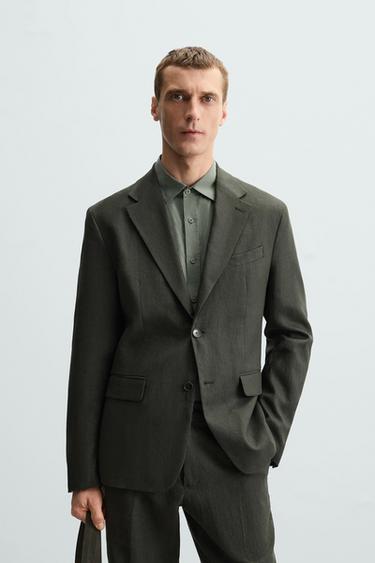 100% LINEN SUIT BLAZER - Dark khaki by Zara