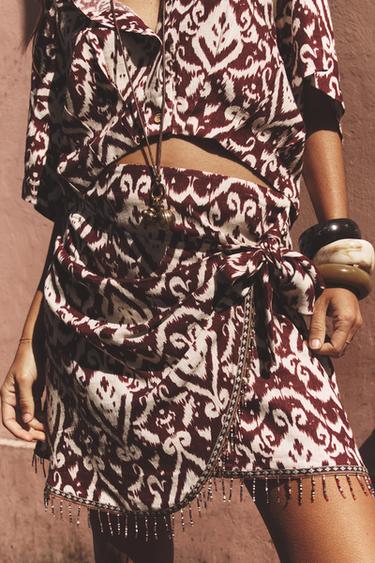 Zara FRINGED BEADED PRINT SKIRT - Terracotta