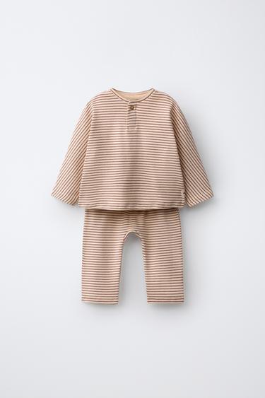 Zara STRIPED T-SHIRT AND JOGGER PANTS SET - taupe brown