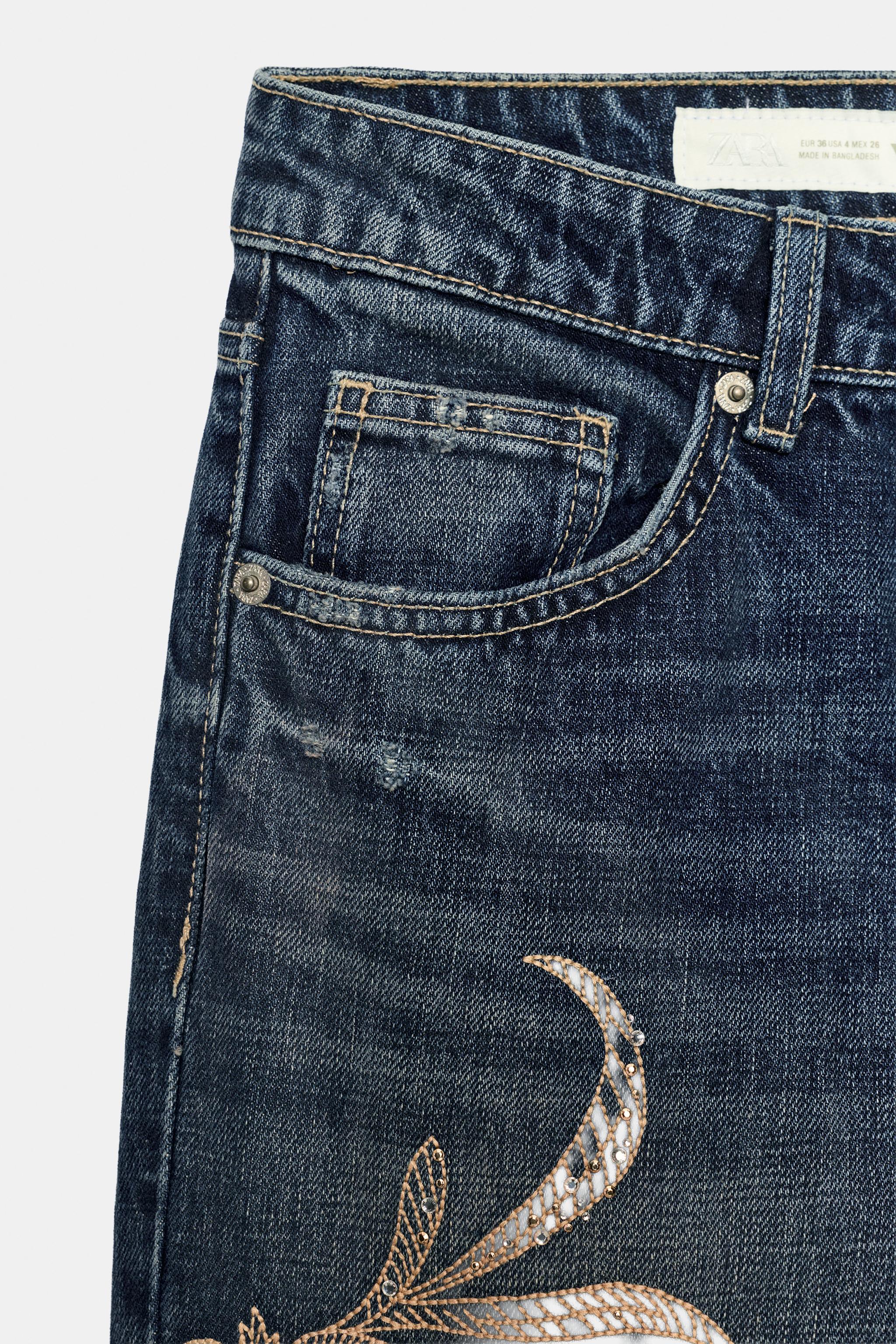 LOW-RISE WIDE-LEG RHINESTONE EMBROIDERED TRF JEANS