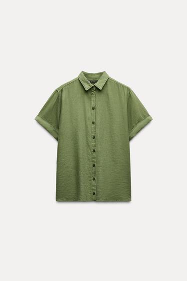 CAMISA CON LINO VISCOSA - Khaki de Zara